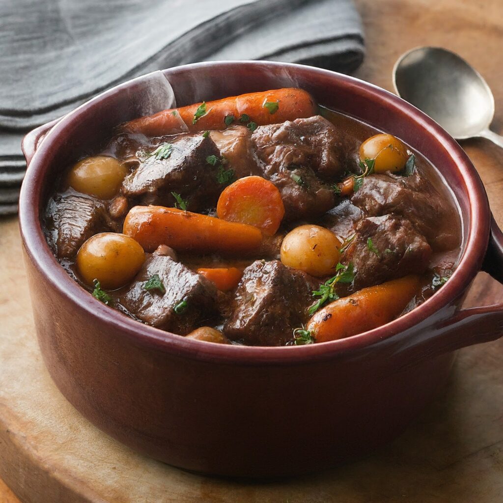 A steaming pot of boeuf bourguignon, a classic French beef stew, served in a rustic ceramic dish.